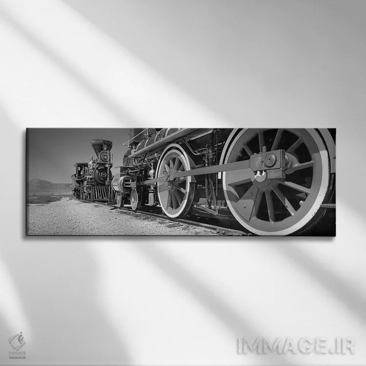 تابلو دکوراتیو "موتور قطار بر روی ریل، سایت تاریخی اسپایک طلایی، یوتا… اثر پانورامیک ایمجز - نمای روبهرو روی دیوار