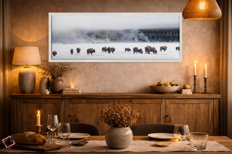 تابلو دکوراتیو "نمایی از گله بایسون، فونتن فلتس، پارک ملی یلوستون، وای… اثر پانورامیک ایمجز - D1W