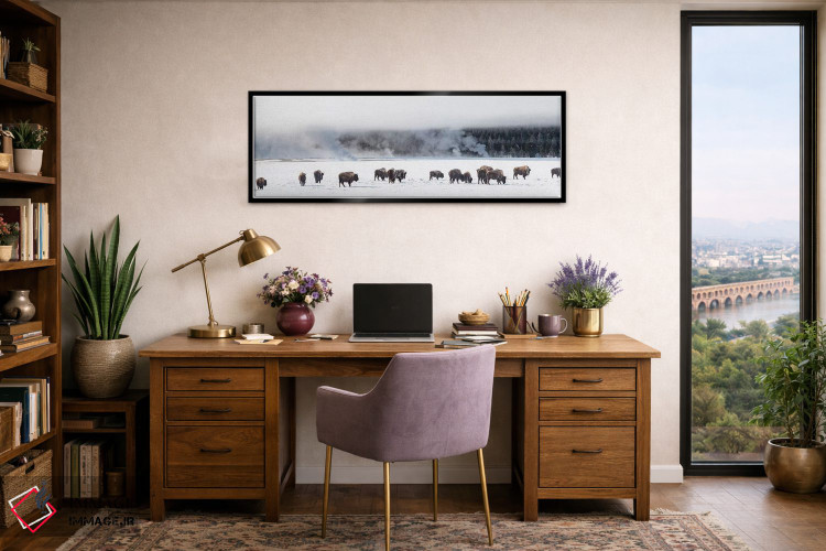 تابلو دکوراتیو "نمایی از گله بایسون، فونتن فلتس، پارک ملی یلوستون، وای… اثر پانورامیک ایمجز - D2B