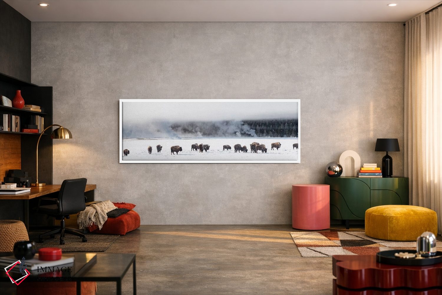 تابلو دکوراتیو "نمایی از گله بایسون، فونتن فلتس، پارک ملی یلوستون، وای… اثر پانورامیک ایمجز - D4W