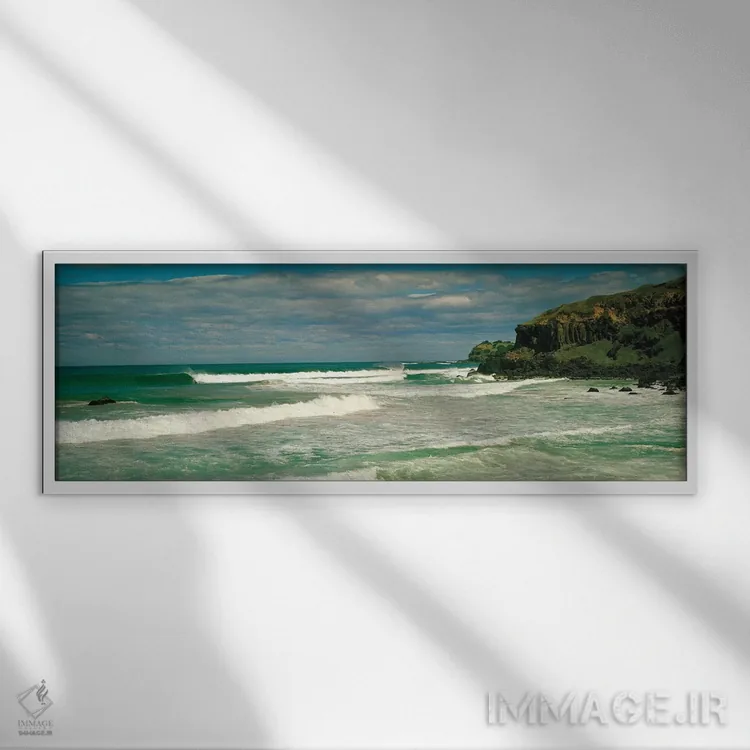 تابلو دکوراتیو "موج ها که به ساحل می شکنند، پشت سر لنکس هد، نیو ساوت و… اثر پانورامیک ایمجز - نمای قابدار سفید
