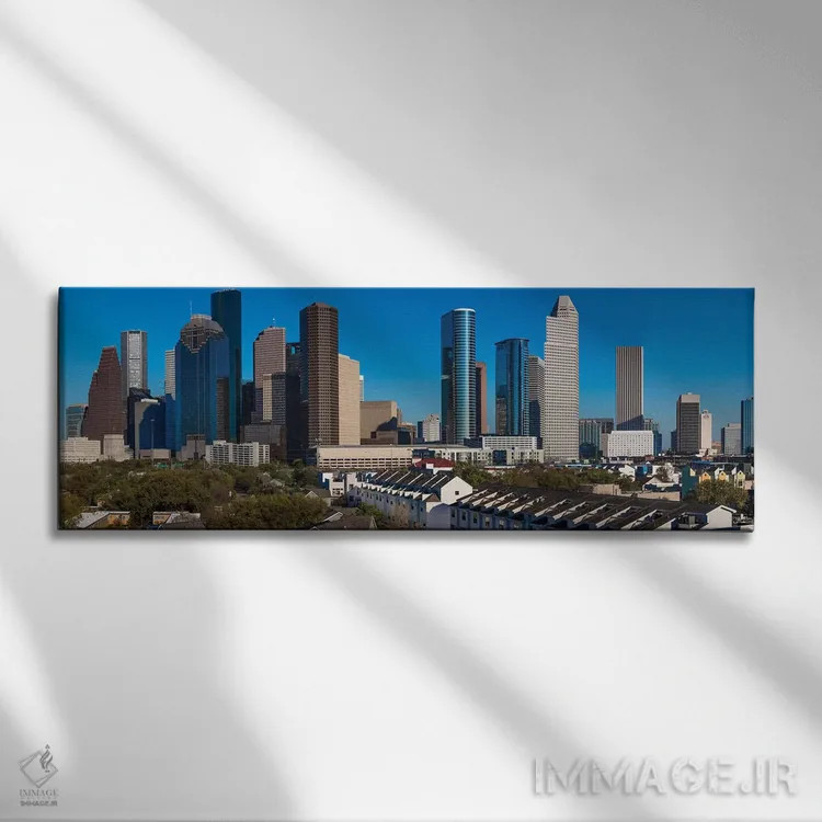 تابلو دکوراتیو چشم انداز شهری روشن شده در غروب، هیوستون، تگزاس اثر پانورامیک ایمجز - نمای روبهرو روی دیوار