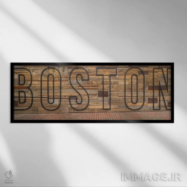 تابلو دکوراتیو کلمه "بوستون" روی دیوار چوبی، بوستون، ماساچوست، ایالات… اثر پانورامیک ایمجز - نمای قابدار مشکی