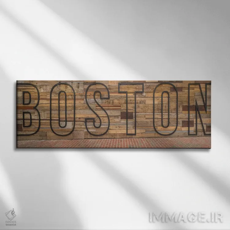 تابلو دکوراتیو کلمه "بوستون" روی دیوار چوبی، بوستون، ماساچوست، ایالات… اثر پانورامیک ایمجز - نمای روبهرو روی دیوار