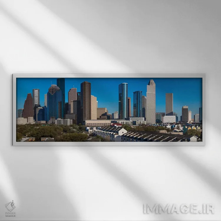 تابلو دکوراتیو چشم انداز شهری روشن شده در غروب، هیوستون، تگزاس اثر پانورامیک ایمجز - نمای قابدار سفید
