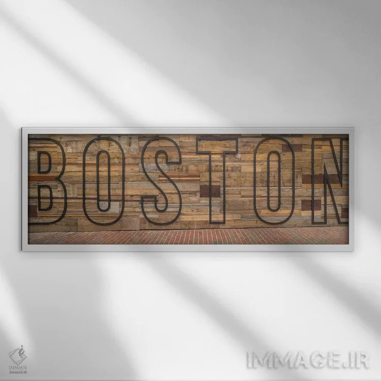 تابلو دکوراتیو کلمه "بوستون" روی دیوار چوبی، بوستون، ماساچوست، ایالات… اثر پانورامیک ایمجز - نمای قابدار سفید