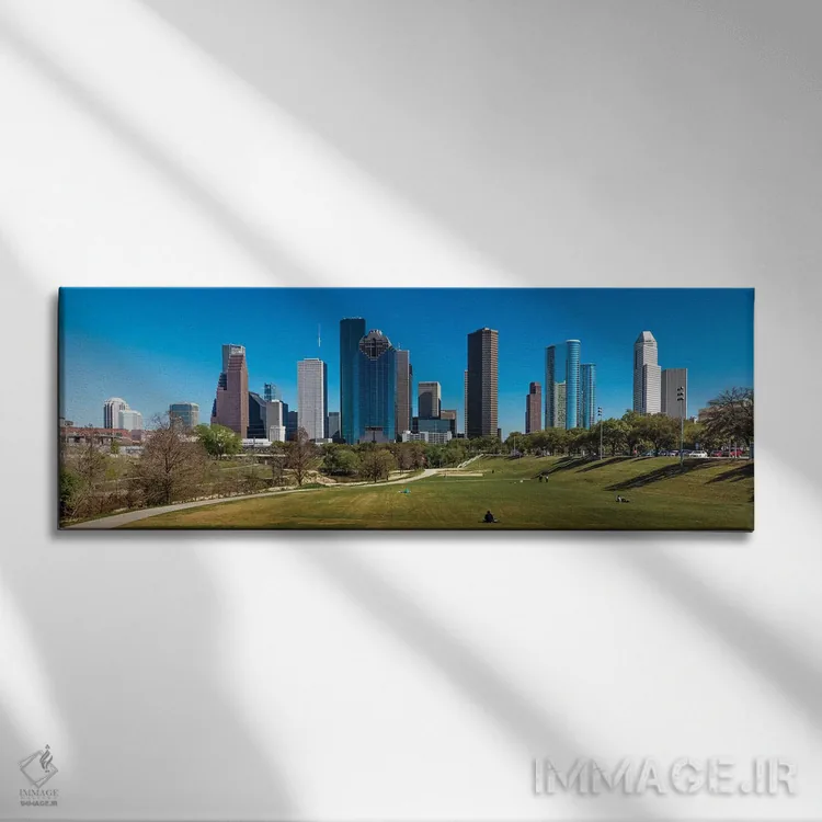 تابلو دکوراتیو چشم انداز شهری روشن شده در غروب، هیوستون، تگزاس اثر پانورامیک ایمجز - نمای روبهرو روی دیوار