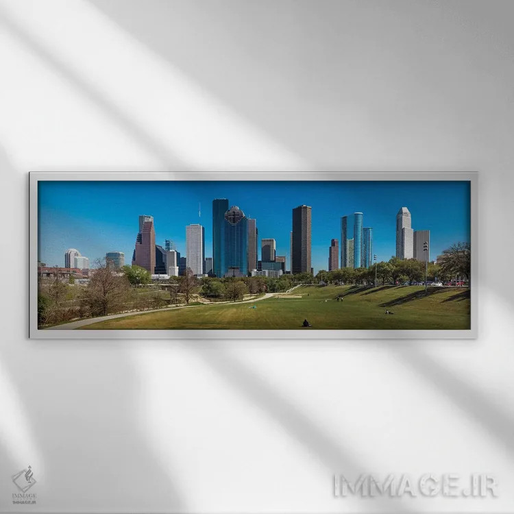 تابلو دکوراتیو چشم انداز شهری روشن شده در غروب، هیوستون، تگزاس اثر پانورامیک ایمجز - نمای قابدار سفید