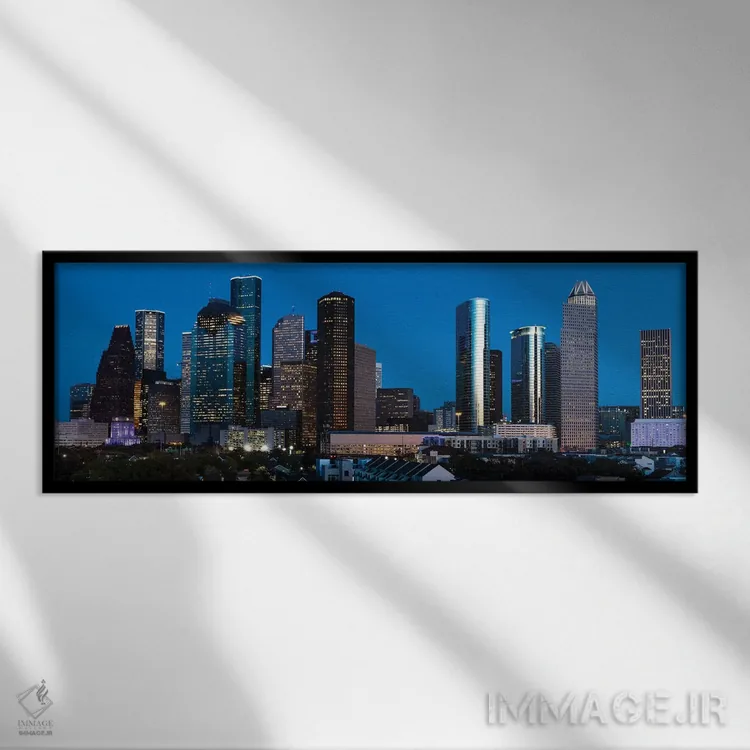 تابلو دکوراتیو ساختمان های بلند در چشم انداز شهری هیوستون که در غروب ر… اثر پانورامیک ایمجز - نمای قابدار مشکی