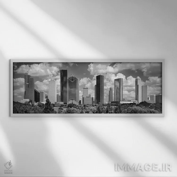تابلو دکوراتیو آسمان خراش ها در یک شهر، هیوستون، تگزاس، ایالات متحده آ… اثر پانورامیک ایمجز - نمای قابدار سفید
