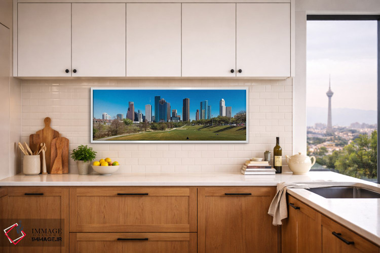 تابلو دکوراتیو چشم انداز شهری روشن شده در غروب، هیوستون، تگزاس اثر پانورامیک ایمجز - D2W