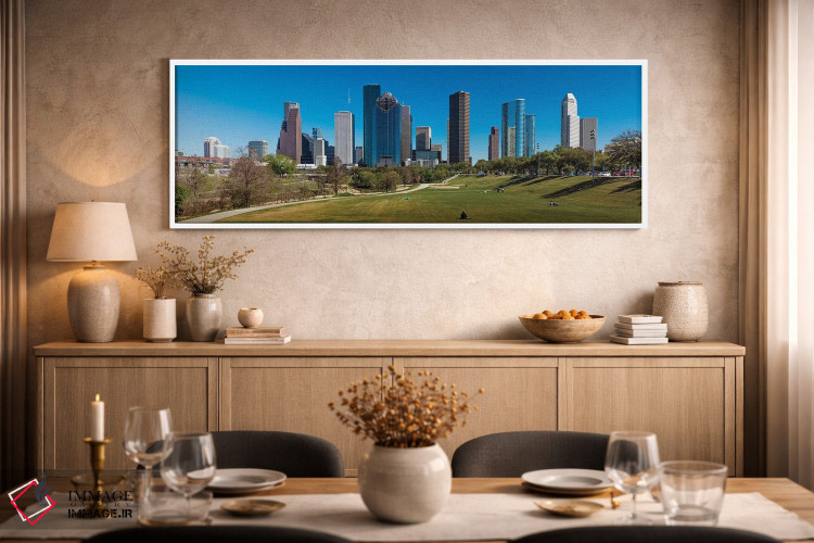تابلو دکوراتیو چشم انداز شهری روشن شده در غروب، هیوستون، تگزاس اثر پانورامیک ایمجز - D1W