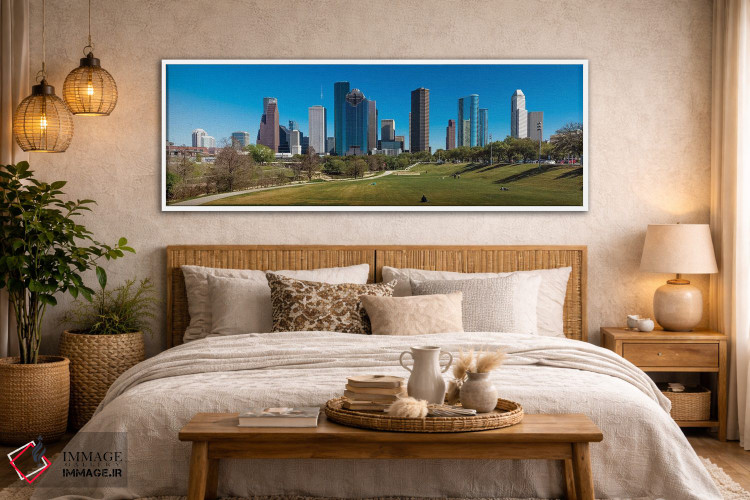 تابلو دکوراتیو چشم انداز شهری روشن شده در غروب، هیوستون، تگزاس اثر پانورامیک ایمجز - D4W