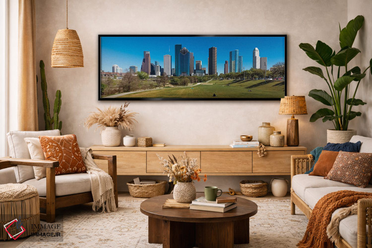 تابلو دکوراتیو چشم انداز شهری روشن شده در غروب، هیوستون، تگزاس اثر پانورامیک ایمجز - D3B