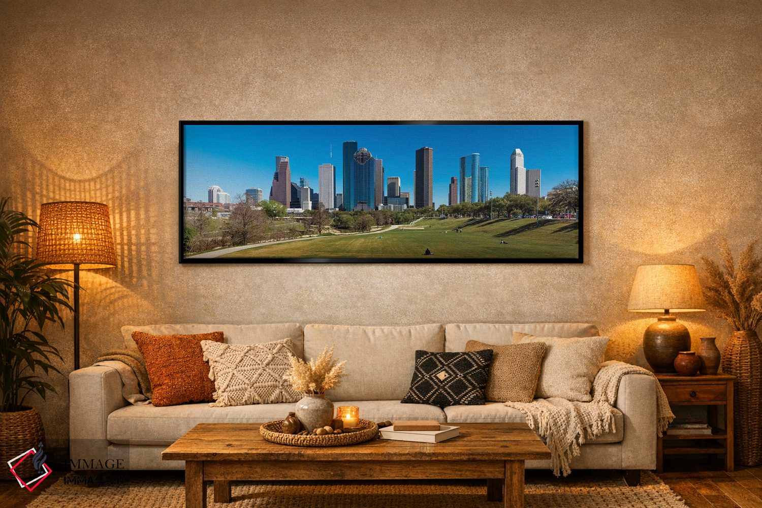 تابلو دکوراتیو چشم انداز شهری روشن شده در غروب، هیوستون، تگزاس اثر پانورامیک ایمجز - D6B