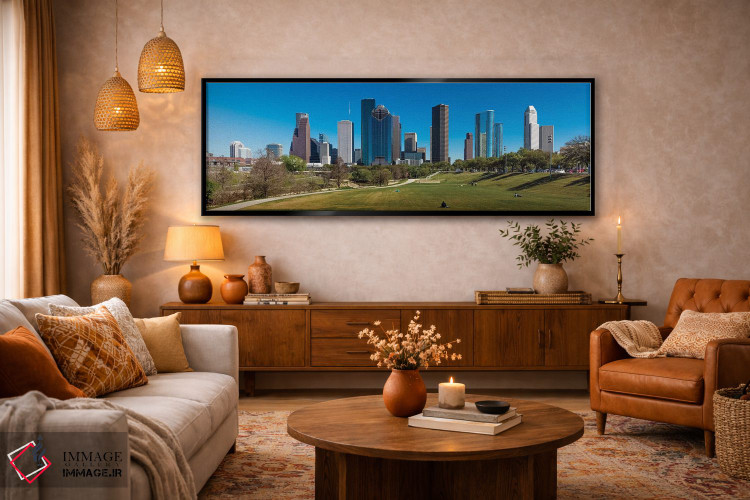 تابلو دکوراتیو چشم انداز شهری روشن شده در غروب، هیوستون، تگزاس اثر پانورامیک ایمجز - D5B