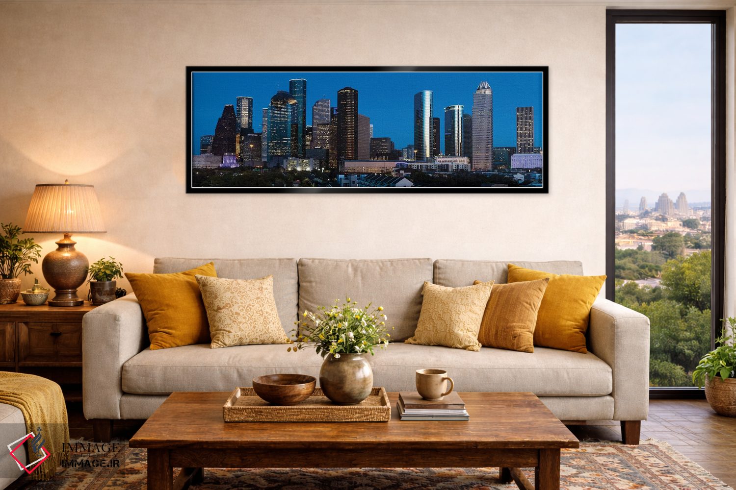 تابلو دکوراتیو ساختمان های بلند در چشم انداز شهری هیوستون که در غروب ر… اثر پانورامیک ایمجز - D6B