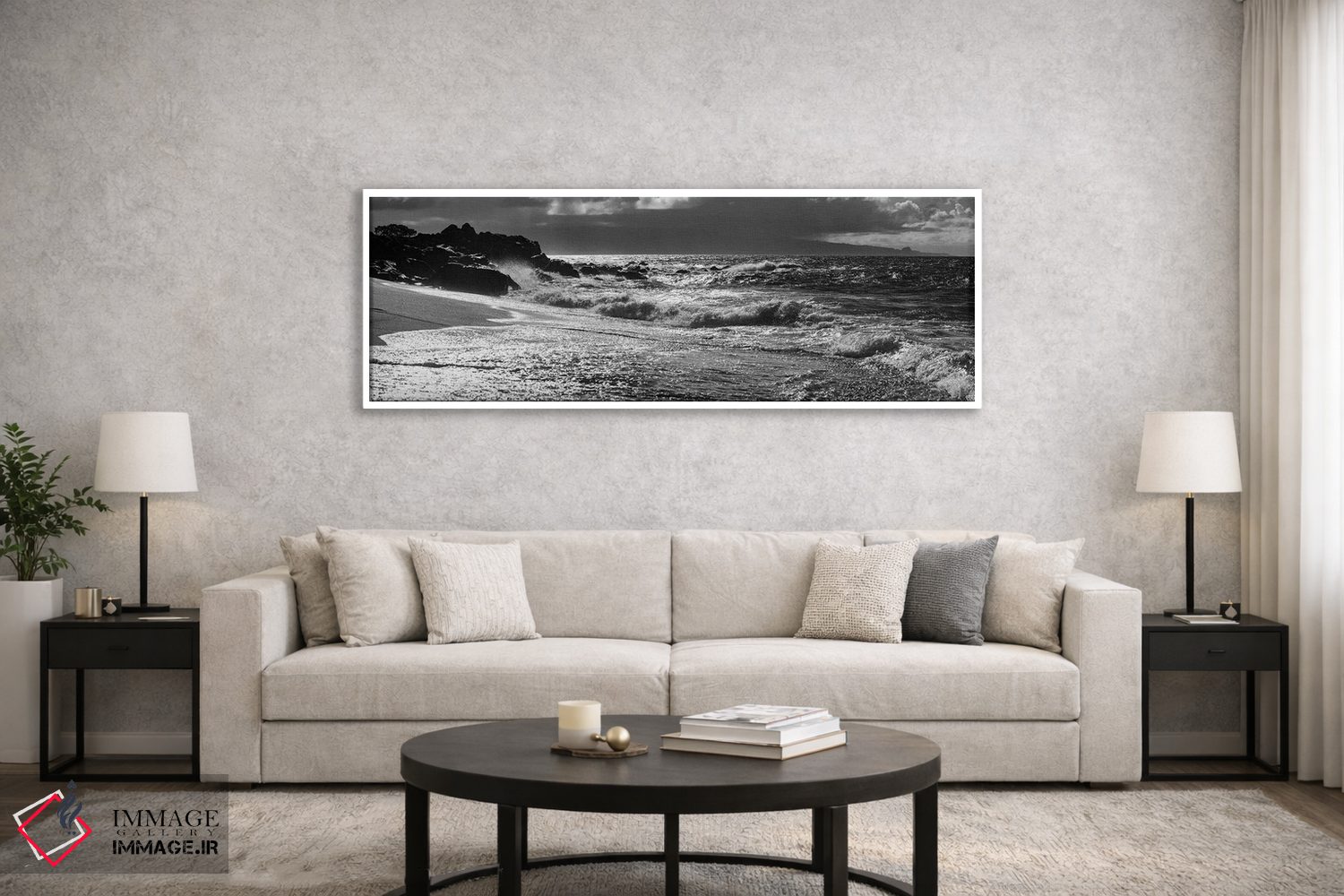 تابلو دکوراتیو منظره سیاه و سفید با ساحل و امواج در دریا، مائوی، جزایر… اثر پانورامیک ایمجز - D6W
