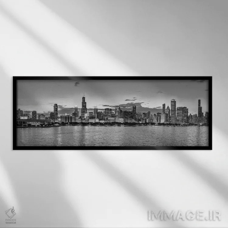 تابلو دکوراتیو Illinois, USA" - "افق شیکاگو و دریاچه میشیگان در هنگام… اثر پانورامیک ایمجز - نمای قابدار مشکی