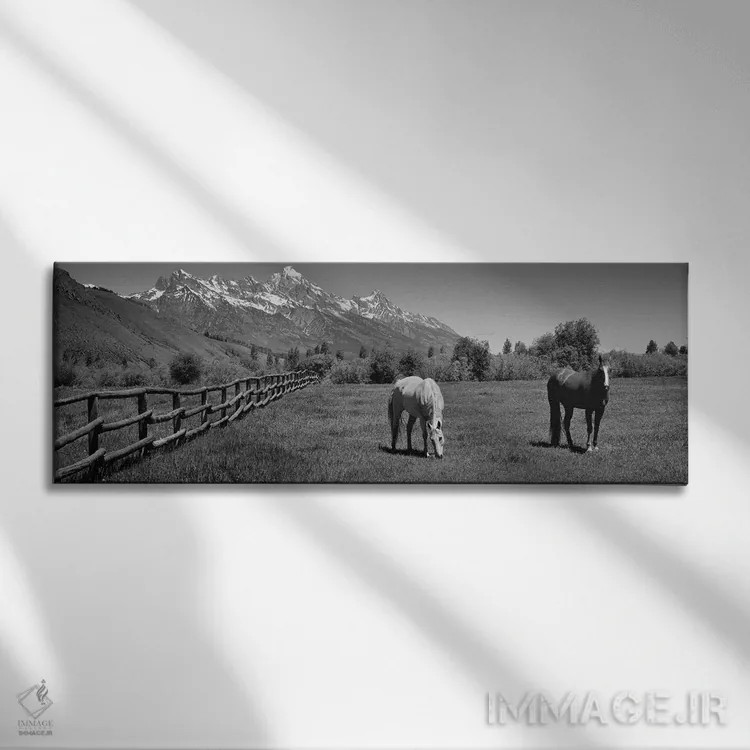 تابلو دکوراتیو اسب ها و رشته کوه تتون، پارک ملی گرند تتون، وایومینگ، آ… اثر پانورامیک ایمجز - نمای روبهرو روی دیوار