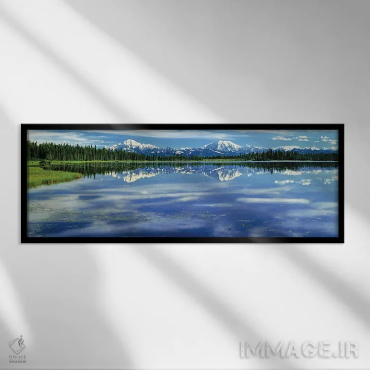 تابلو دکوراتیو Alaska, USA I,کوه مک کینلی و رشته کوه آلاسکا از دریاچه… اثر پانورامیک ایمجز - نمای قابدار مشکی