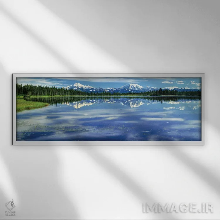 تابلو دکوراتیو Alaska, USA I,کوه مک کینلی و رشته کوه آلاسکا از دریاچه… اثر پانورامیک ایمجز - نمای قابدار سفید