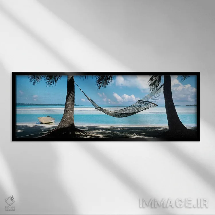 تابلو دکوراتیو آلاچیق آویزان روی ساحل، جزایر کوک اثر پانورامیک ایمجز - نمای قابدار مشکی