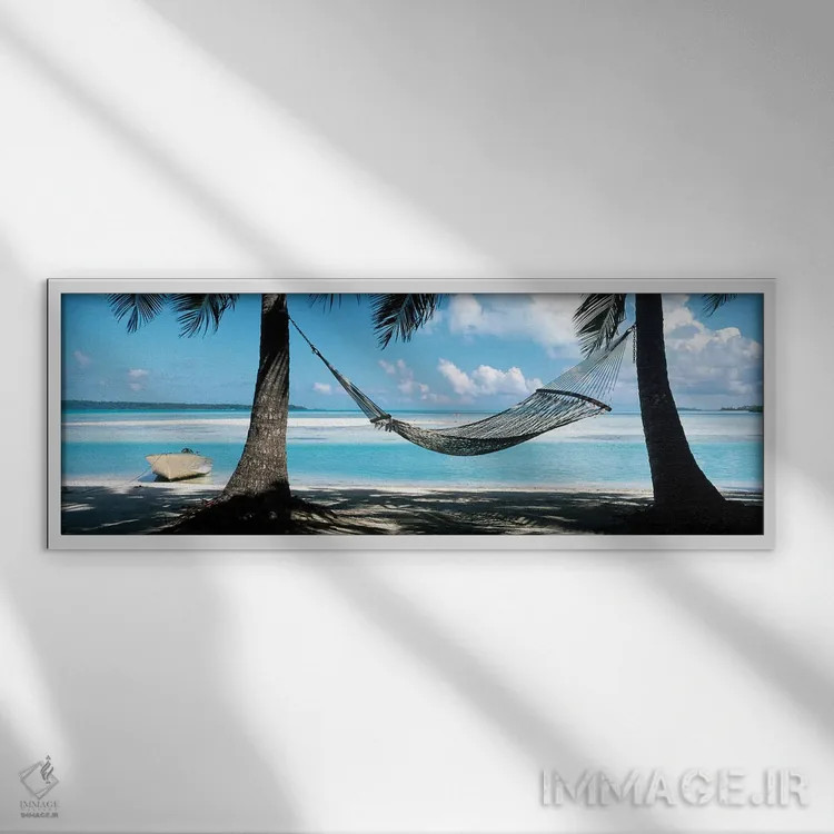تابلو دکوراتیو آلاچیق آویزان روی ساحل، جزایر کوک اثر پانورامیک ایمجز - نمای قابدار سفید