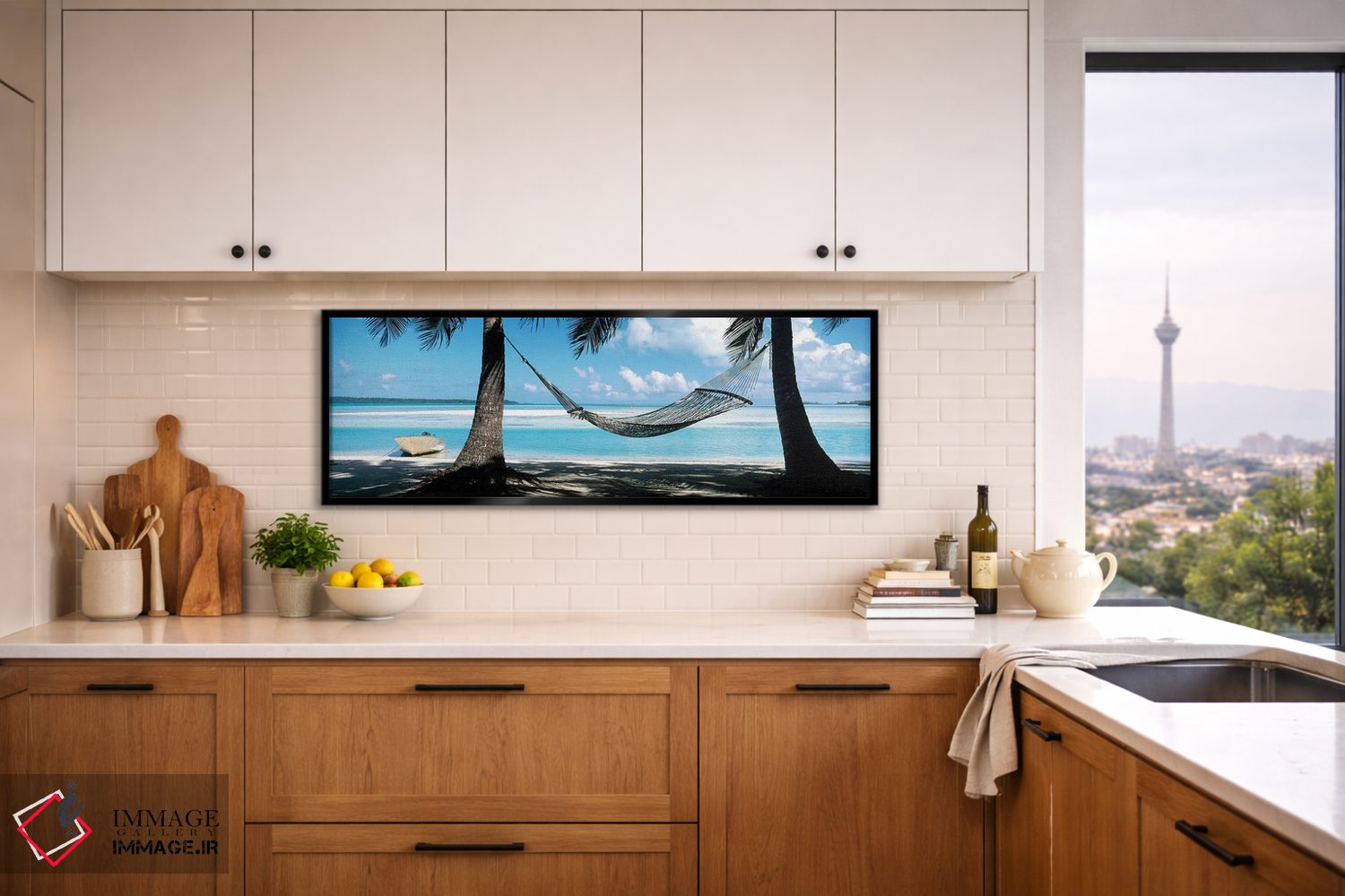 تابلو دکوراتیو آلاچیق آویزان روی ساحل، جزایر کوک اثر پانورامیک ایمجز - D5B
