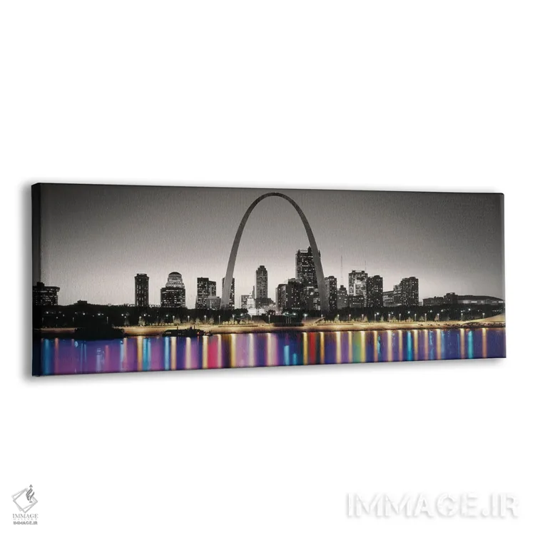 تابلو دکوراتیو نمای شبانه از قوس دروازه با رنگ های درخشان در بازتاب رو… اثر پانورامیک ایمجز - نمای پرسپکتیو محصول