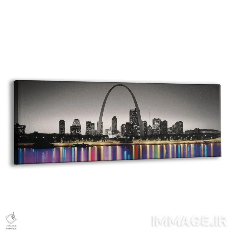 تابلو دکوراتیو نمای شبانه از قوس دروازه با رنگ های درخشان در بازتاب رو… اثر پانورامیک ایمجز - نمای پرسپکتیو محصول