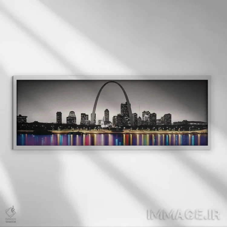 تابلو دکوراتیو نمای شبانه از قوس دروازه با رنگ های درخشان در بازتاب رو… اثر پانورامیک ایمجز - نمای قابدار سفید