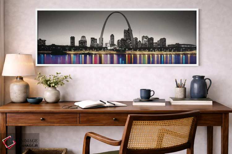 تابلو دکوراتیو نمای شبانه از قوس دروازه با رنگ های درخشان در بازتاب رو… اثر پانورامیک ایمجز - D2W