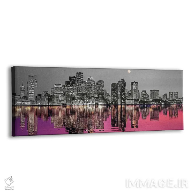 تابلو دکوراتیو افق شهری با بندر در پیش زمینه و ماه بالای آن، رنگ های د… اثر پانورامیک ایمجز - نمای پرسپکتیو محصول