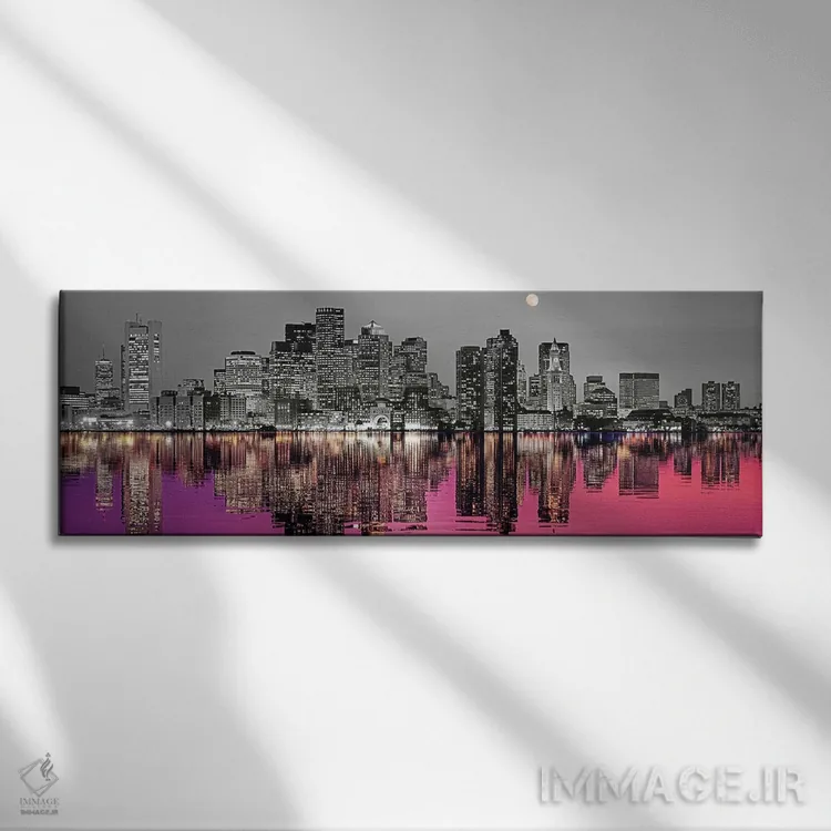 تابلو دکوراتیو افق شهری با بندر در پیش زمینه و ماه بالای آن، رنگ های د… اثر پانورامیک ایمجز - نمای روبهرو روی دیوار