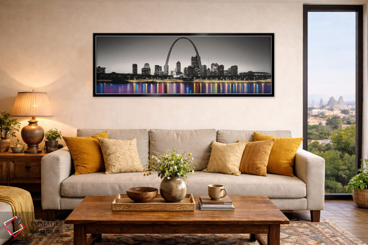 تابلو دکوراتیو نمای شبانه از قوس دروازه با رنگ های درخشان در بازتاب رو… اثر پانورامیک ایمجز - D6B