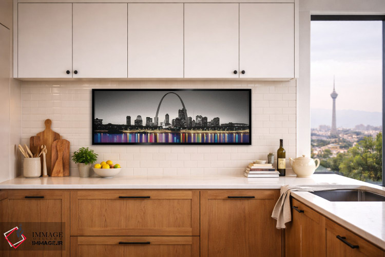 تابلو دکوراتیو نمای شبانه از قوس دروازه با رنگ های درخشان در بازتاب رو… اثر پانورامیک ایمجز - D5B