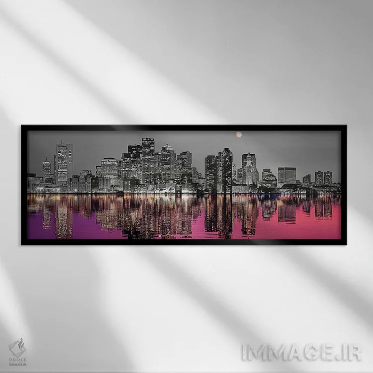 تابلو دکوراتیو افق شهری با بندر در پیش زمینه و ماه بالای آن، رنگ های د… اثر پانورامیک ایمجز - نمای قابدار مشکی