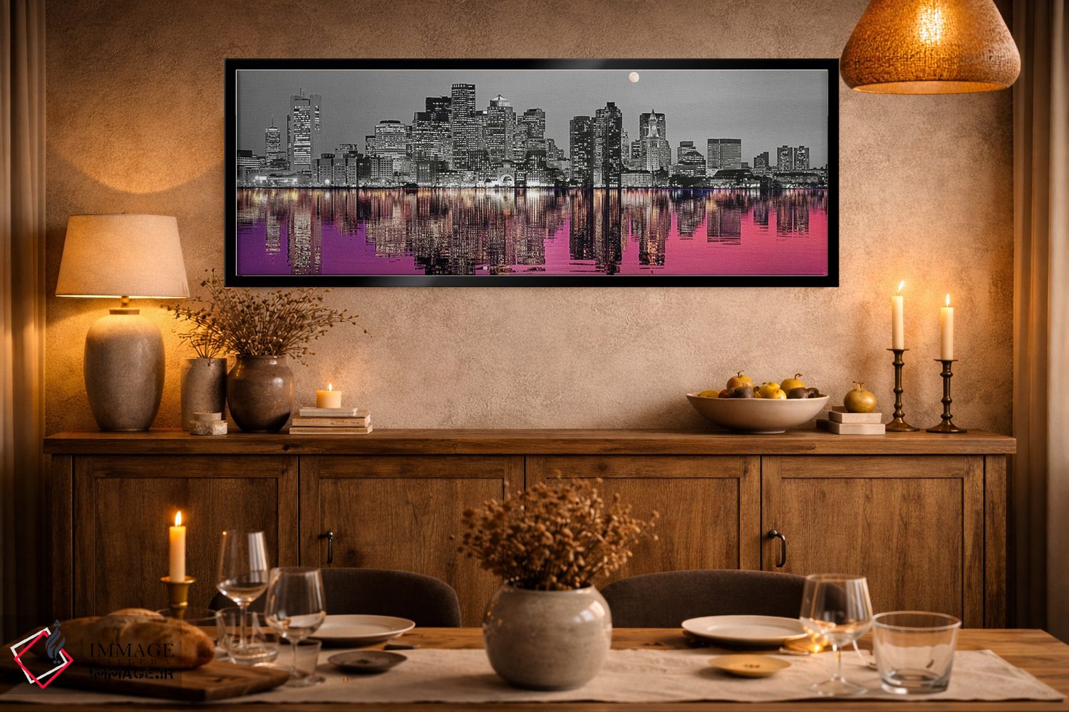 تابلو دکوراتیو افق شهری با بندر در پیش زمینه و ماه بالای آن، رنگ های د… اثر پانورامیک ایمجز - D2B