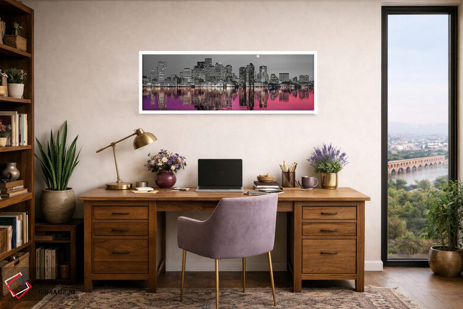 تابلو دکوراتیو افق شهری با بندر در پیش زمینه و ماه بالای آن، رنگ های د… اثر پانورامیک ایمجز - D1W