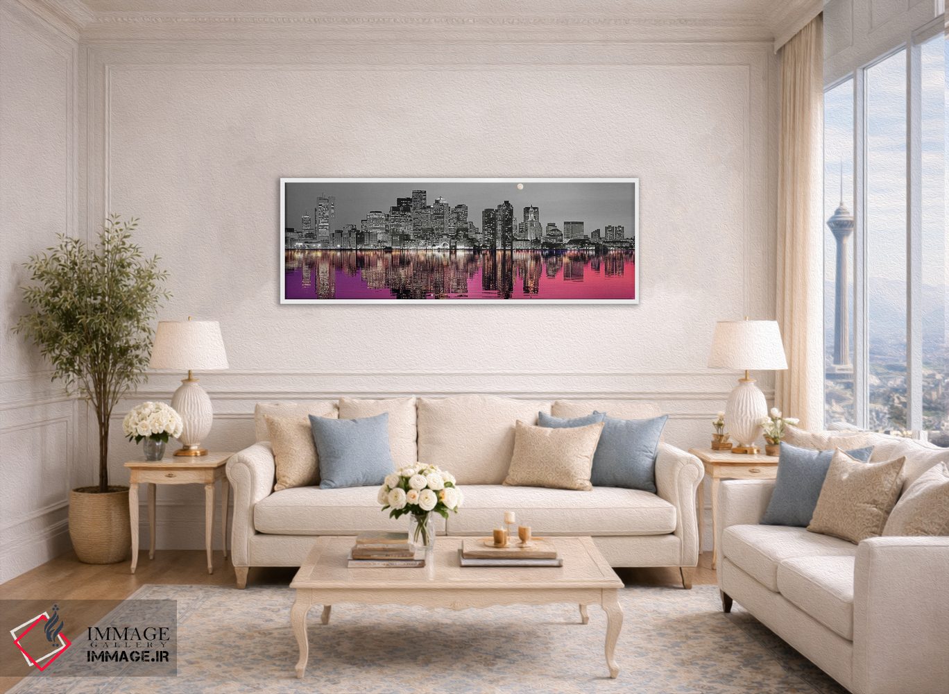 تابلو دکوراتیو افق شهری با بندر در پیش زمینه و ماه بالای آن، رنگ های د… اثر پانورامیک ایمجز - D4W