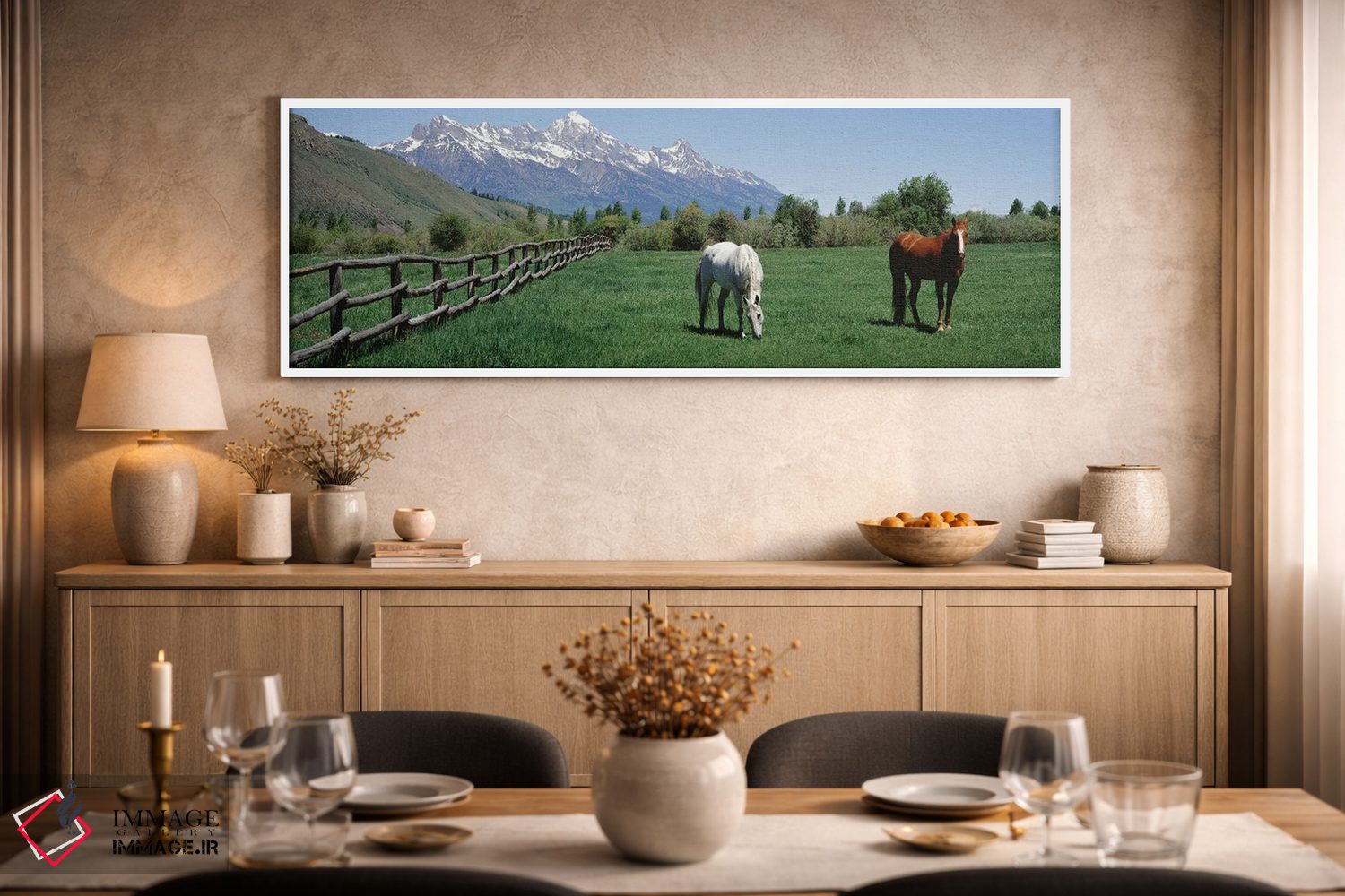تابلو دکوراتیو اسب ها و رشته کوه تیوتن، پارک ملی گرند تیوتن، وایومینگ… اثر پانورامیک ایمجز - D2W