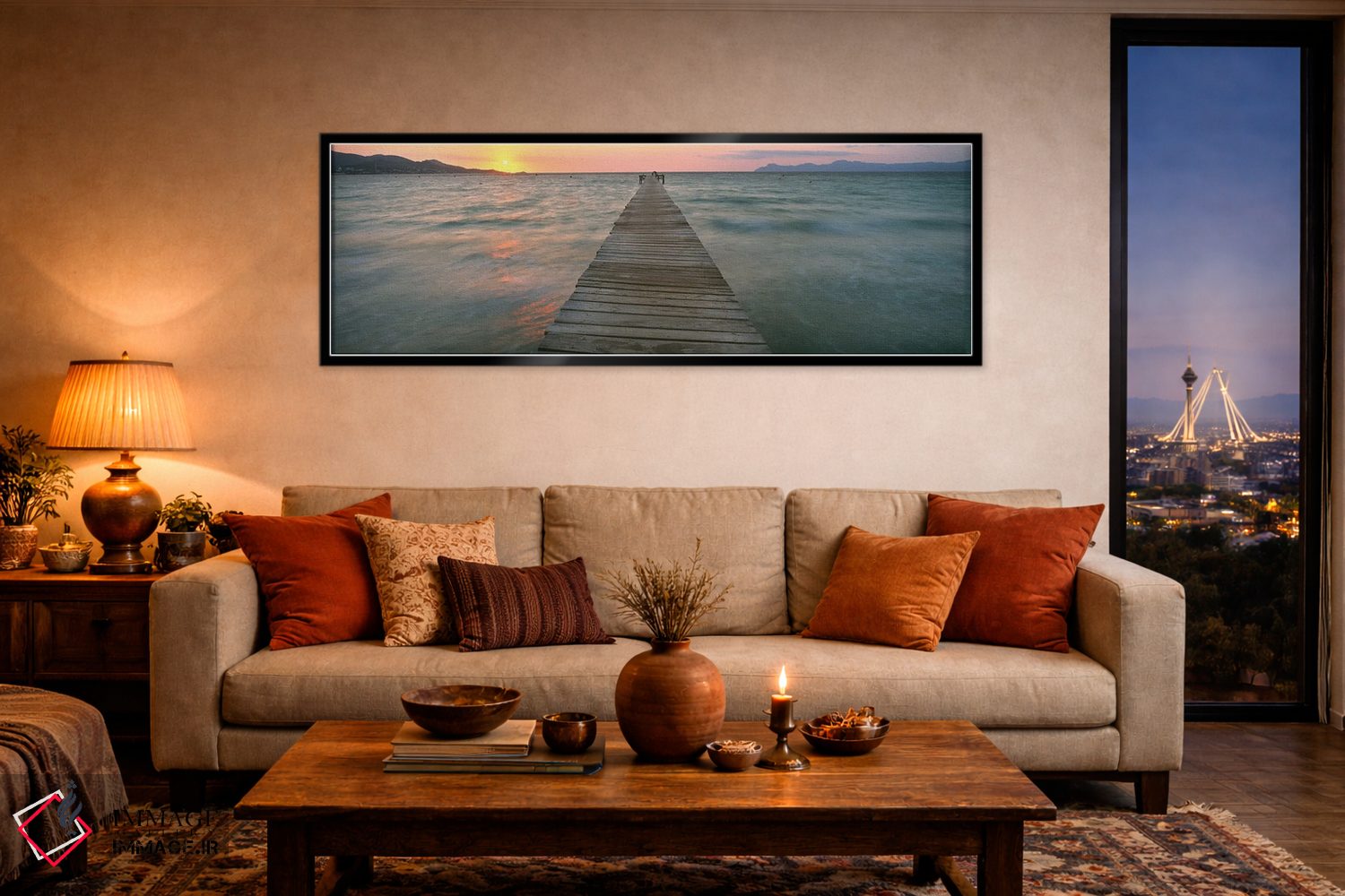 تابلو دکوراتیو اسکله در غروب در دریا، آلکودیا، مایورکا، اسپانیا اثر پانورامیک ایمجز - D5B