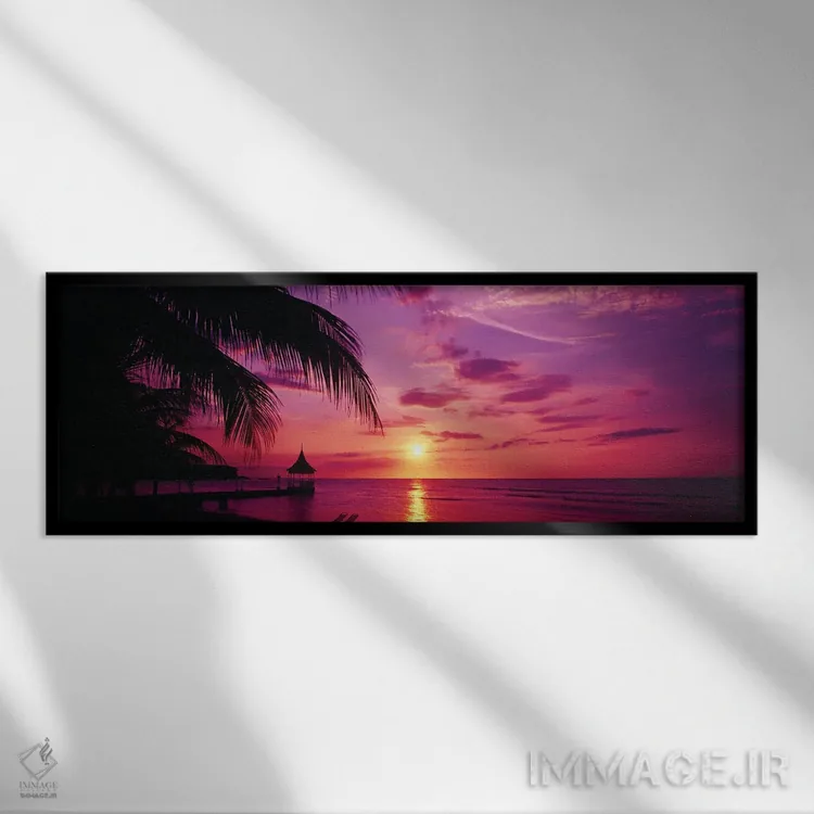 تابلو دکوراتیو غروب خورشید، درختان نخل، ساحل، آب، اقیانوس، مونته گو بی… اثر پانورامیک ایمجز - نمای قابدار مشکی
