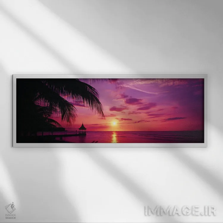 تابلو دکوراتیو غروب خورشید، درختان نخل، ساحل، آب، اقیانوس، مونته گو بی… اثر پانورامیک ایمجز - نمای قابدار سفید