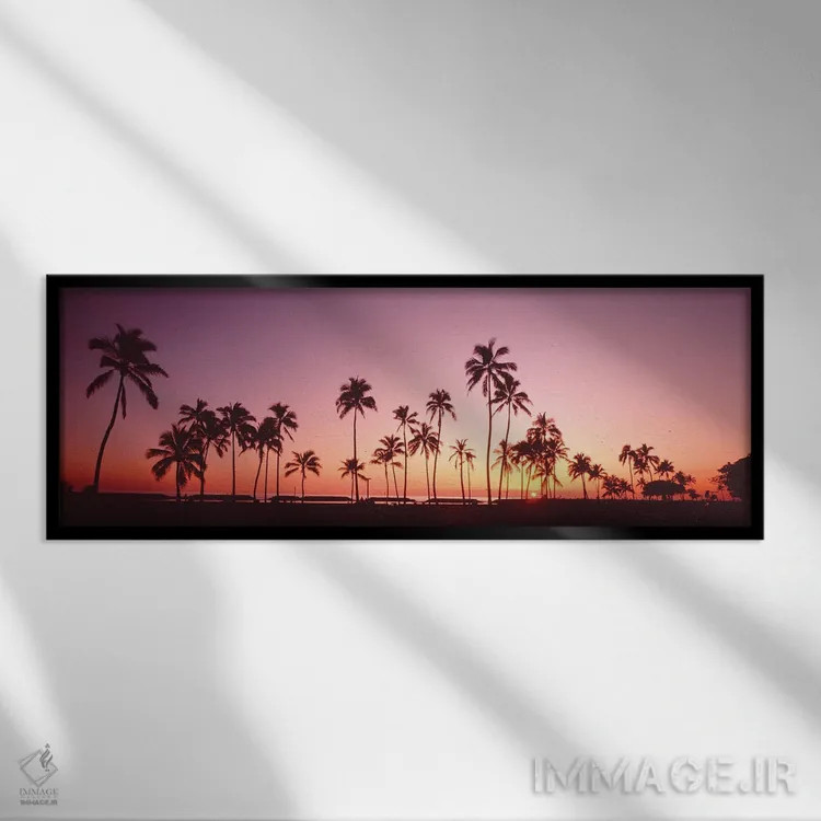 تابلو دکوراتیو درختان نخل در غروب خورشید، جزیره اوآهو، هاوایی، ایالات… اثر پانورامیک ایمجز - نمای قابدار مشکی