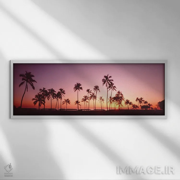 تابلو دکوراتیو درختان نخل در غروب خورشید، جزیره اوآهو، هاوایی، ایالات… اثر پانورامیک ایمجز - نمای قابدار سفید