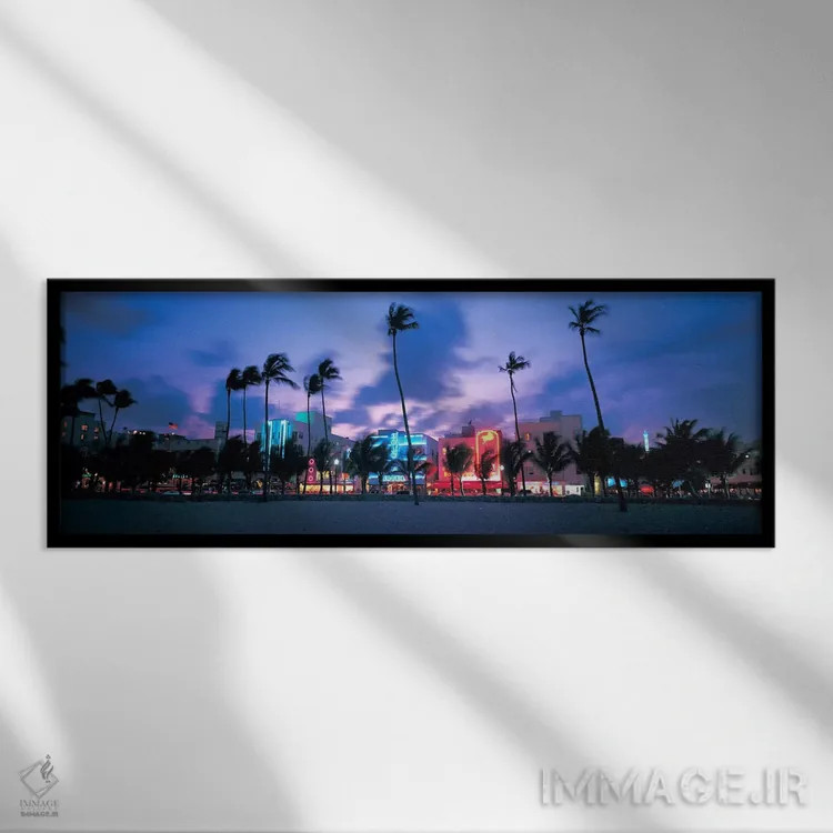 تابلو دکوراتیو Miami, Florida, USA,ساختمان های نورانی در گرگ ومیش، میا… اثر پانورامیک ایمجز - نمای قابدار مشکی