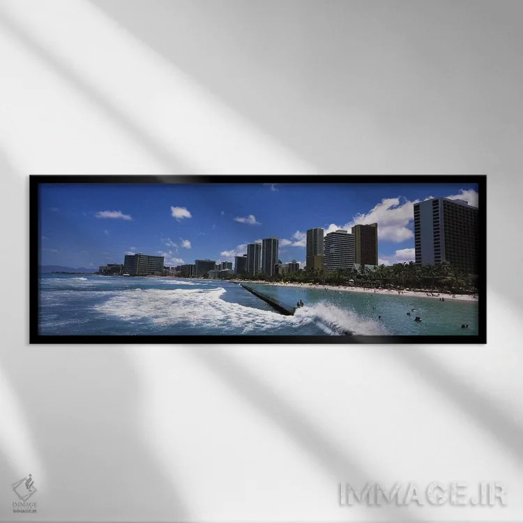 تابلو دکوراتیو Waikiki Beach, Honolulu, Oahu, Hawaii, USA,ساختمان ها د… اثر پانورامیک ایمجز - نمای قابدار مشکی