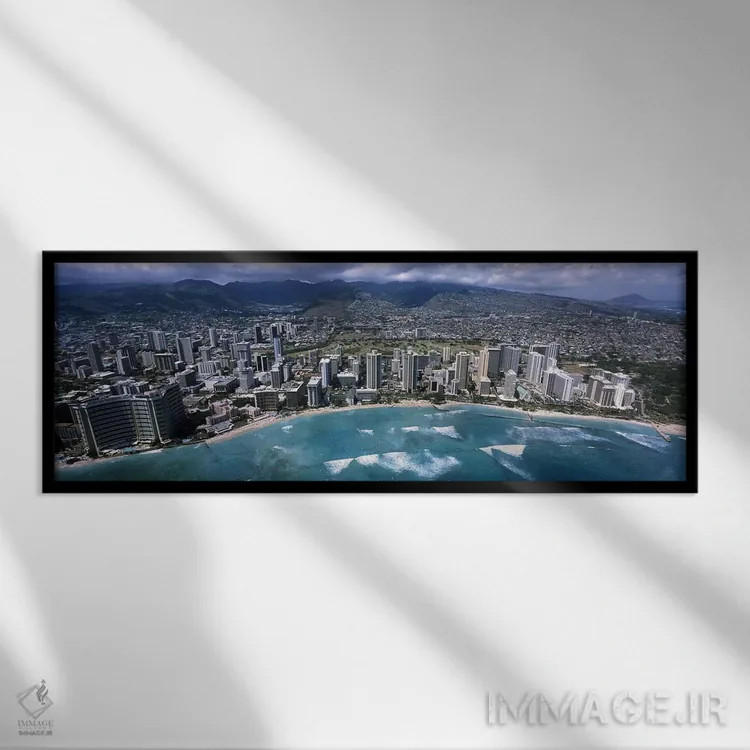 تابلو دکوراتیو Waikiki Beach, Honolulu, Oahu, Hawaii, USA,نمای هوایی ا… اثر پانورامیک ایمجز - نمای قابدار مشکی